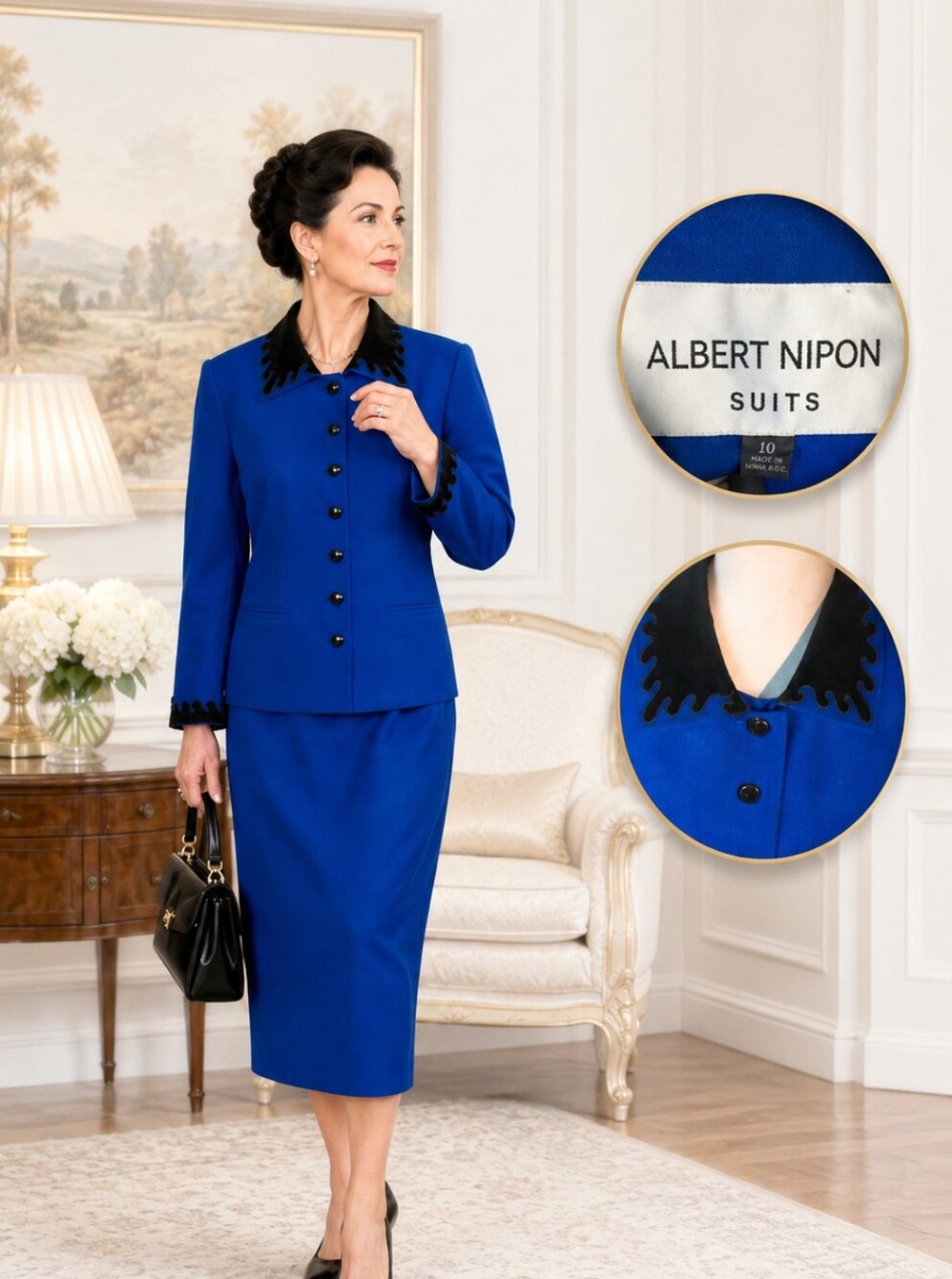 Vintage Albert Nipon Purple Wool 2-Piece Skirt Suit Velvet Collar Blazer Size 10